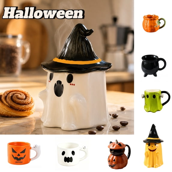 AZXY Orange Halloween Pumpkin Mug, Ceramic Halloween Mugs Ghost Handle Halloween Pumpkins Print, Ceramic Travel Mug, Halloween Coffee Mug Coffee Halloween Cup Decor,Coffee Mugs Coffee Halloween Decor