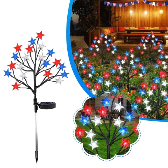 AZXY Outdoor Solar Stake Lights, Red White Blue Star Tree Branch Light, 8 Lighting Modes Waterproof LED, Patriotic Decor for 4th of July Independence Day Garden Yard Lawn Pathway