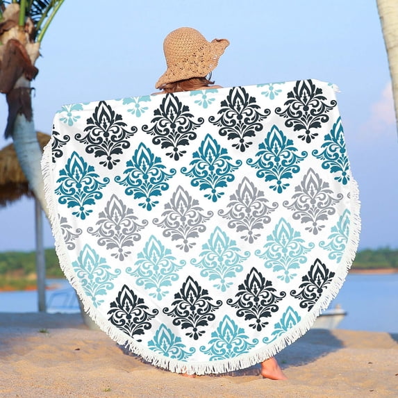 AZXY Pattern Print Round Beach Towel, 60 inch, Polyester, Microfiber, Sandproof, Quick Dry, Soft, Lightweight, Beach Mat, Shawl, Blanket, Tapestry, Travel, Swimming Pool, Yoga, Picnic