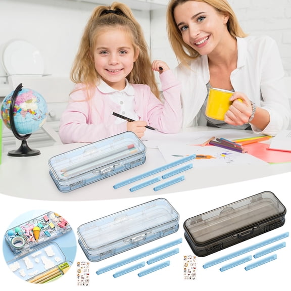 AZXY Pencil Box, See Through Flip Top Stationery Organizer, Portable Pencil Utility Box With Decor Stickers For Work, Daily Use & Back to Study, Clear