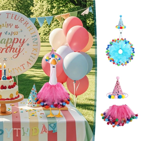 AZXY Porch Goose Outfits, 23" Birthday Party Costume Set with Pink Tutu & Party Hat, Festive Clothes for Cement/Plastic Porch Goose Statue, Outdoor Yard Decor