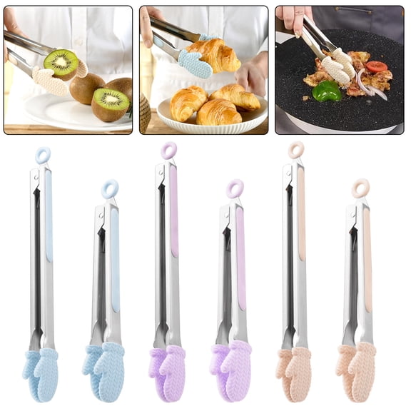 AZXY Purple 9 Inch Silicone Kitchen Tongs, Metal Food Tongs with Silicone Tips, Mini Grill Tongs for Cooking Grilling, Long Serving Tongs for BBQ Baking Party