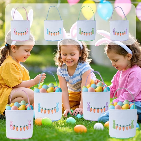 AZXY Purple Trim Canvas Easter Basket 9"x9", Empty Bunny & Carrot Easter Gift Basket with Handle for Kids Boys Girls, Reusable Storage Gifting Basket for Easter Candy Egg Hunting & Personalized Gifts