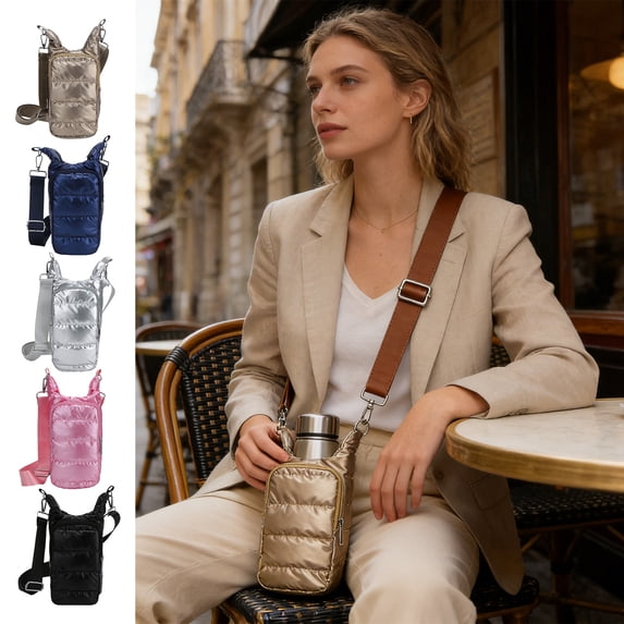 AZXY Quilted Water Bottle Crossbody Bag, Gold Insulated Bottle Sleeve Carrier, Waterproof Outdoor Sling Bag with Adjustable Strap for Gym, Hiking & Daily Use