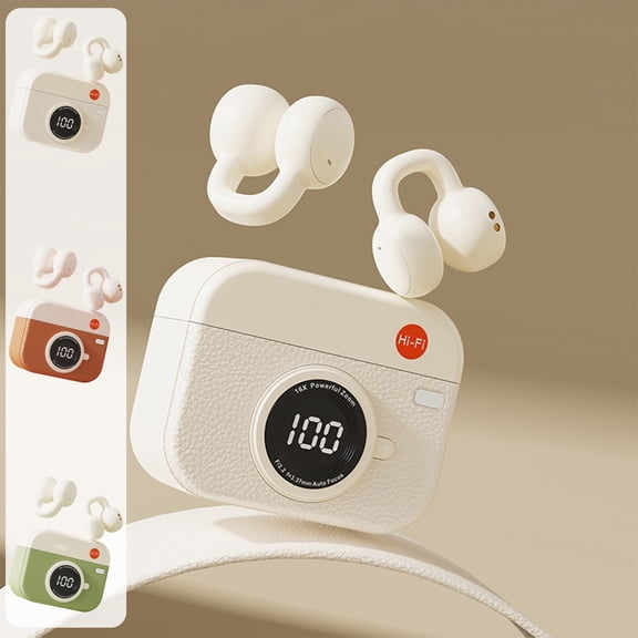 AZXY Retro Camera Clip-On Bluetooth Earbuds, Bluetooth 5.4, Open-Ear Non-In-Ear, 36H Playtime, Hi-Fi Stereo, Touch Control, Comfortable for Sports, Khaki