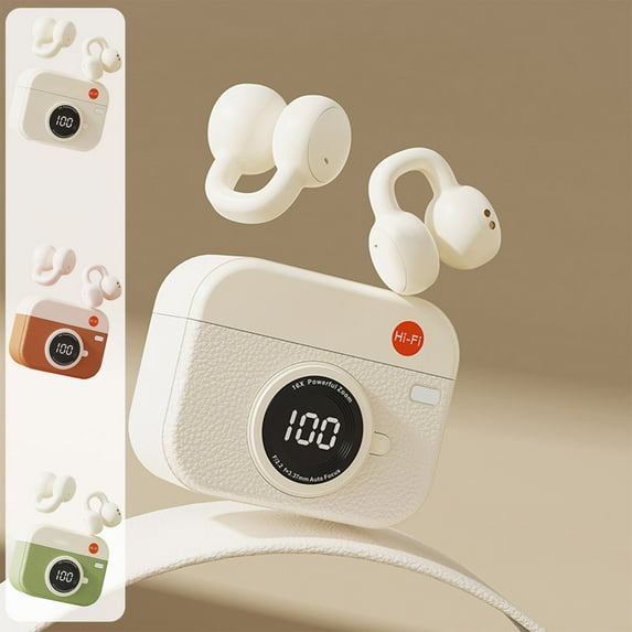 AZXY Retro Camera Clip-On Bluetooth Earbuds, Bluetooth 5.4, Open-Ear Non-In-Ear, 36H Playtime, Hi-Fi Stereo, Touch Control, Comfortable for Sports, Khaki