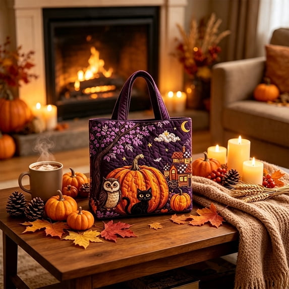 AZXY Reusable Halloween Tote Bag for Women, Quilted Cotton Shoulder Handbag with Black Cat Owl Pumpkin Moon Night Pattern, Reinforced Handles for Trick‑or‑Treating Fall Holiday Daily Shopping