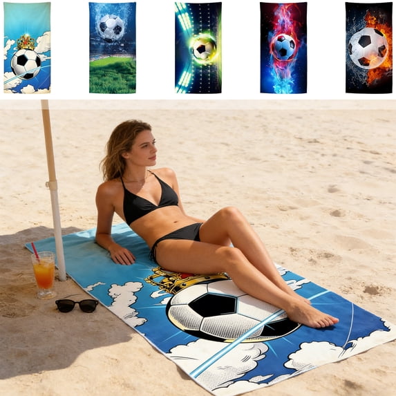 AZXY Soccer Ball Print Beach Towel, Microfiber Quick Dry Absorbent Towel, Sand Free Foldable Towel for Pool, Sports, Vacation, 55.12x27.56 Inch