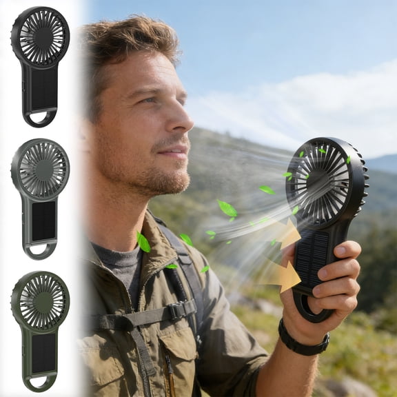 AZXY Solar Powered Mini Portable Handheld Fan with Carabiner, 5 Speed USB Type C Rechargeable, Quiet Personal Cooling Fan, Compact Small Fan for Camping Hiking Backpacking Summer Use Gray