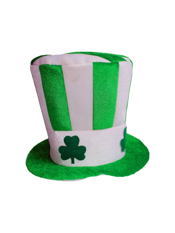 St. Patrick's Day Shamrock Top Hat, Green White Striped Leprechaun Costume Hat for Holiday Celebrations and Parties, Green