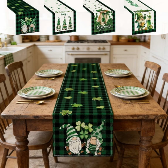 AZXY St Patrick's Day Table Runner, 13x72in Green Buffalo Plaid Dog Shamrock Welcome Table Runner, Farmhouse Rustic Green Table Runner for Kitchen Dining Coffee Table TV Stand Irish Party Decor
