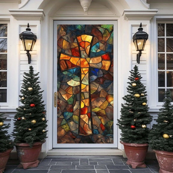 AZXY Stained Glass Cross Easter Door Cover 35.4x70.9 Inch, Religious Easter Door Banner Backdrop, Spring Front Door Decorations for Outdoor Porch Farmhouse Easter Party Wall Home Decor