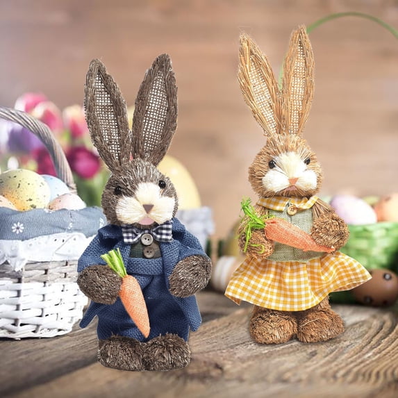 AZXY Straw Easter Bunny Decoration, Rustic Country Rabbit Figurine with Carrot for Spring Home, Indoor-Outdoor Easter Holiday Party & Mantel, Thoughtful Gift for Shelf & Garden Styling