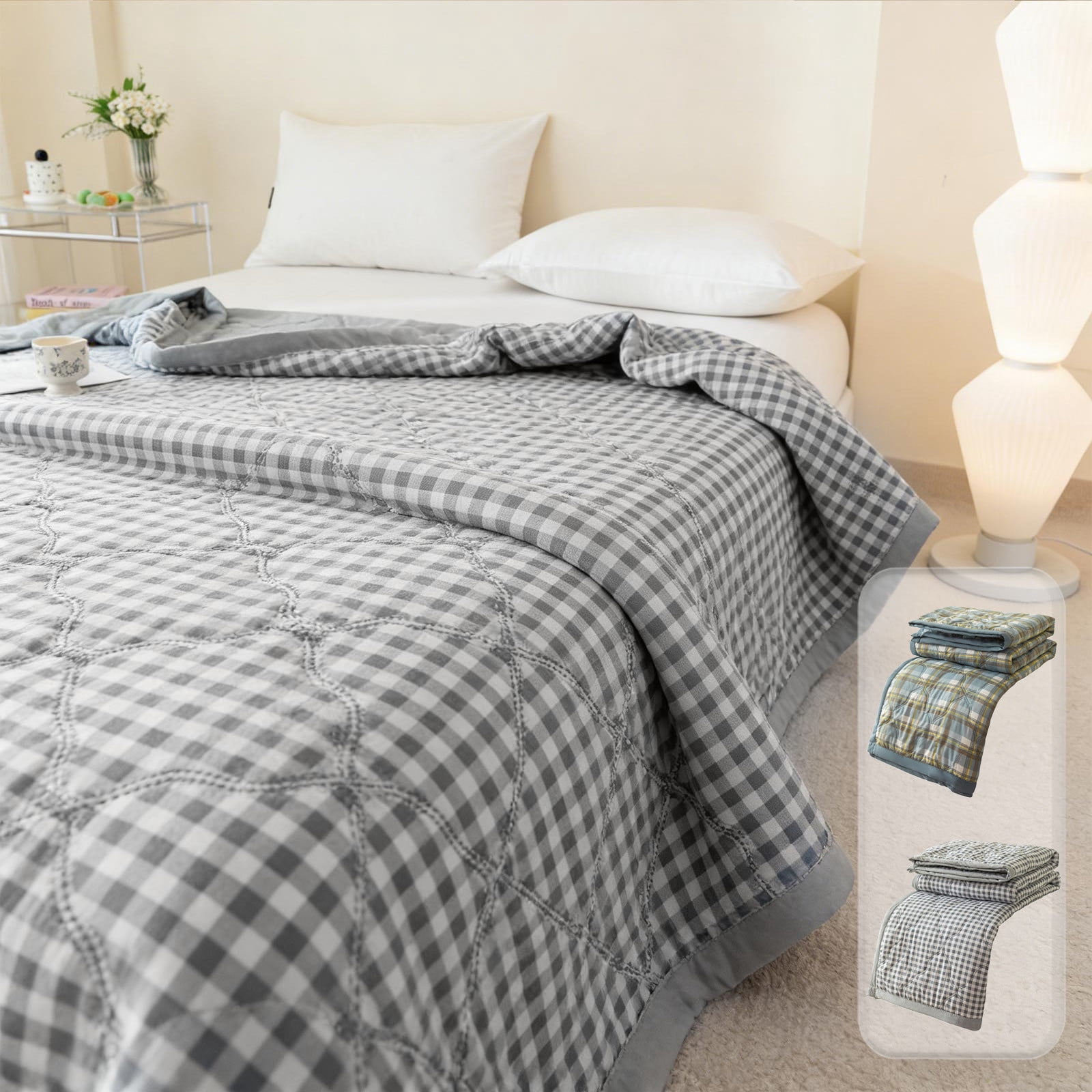 AZXY Summer Cooling Quilt, Twin Size 59" x 39.3", Reversible Gingham Print Bed Quilt, Lightweight Washable Cotton Bed, Breathable Thin Bedspreads Coverlet, All Season Quilt Bedding for Dorm & Home