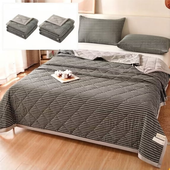 AZXY Summer Quilt, Full/Queen Size Black Striped Cooling Quilt, 70.87"x78.74" Washed Cotton Bedspread Coverlet, Lightweight Air Conditioning Blanket for Adults, Thin Comforter for Hot Sleepers