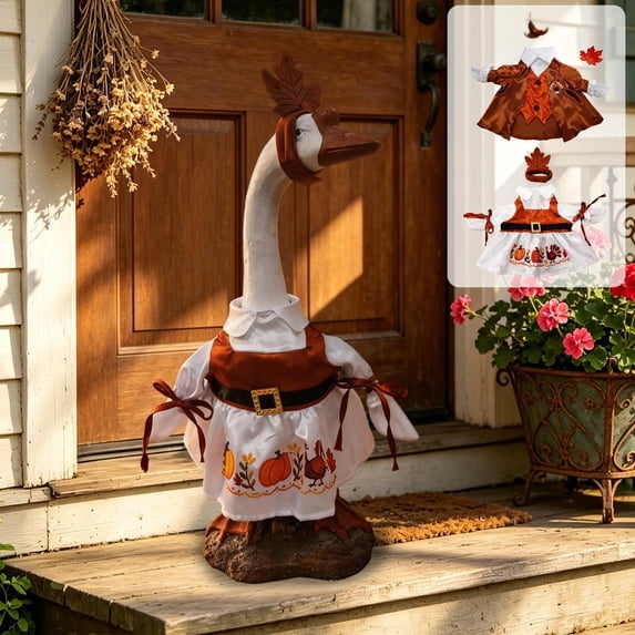 AZXY Thanksgiving Pilgrim Porch Goose Outfit Set, 23 Inch Colonial Costume with Hat, Fall Goose Clothes for Large Porch Goose Statue, Cement Plastic Desk Goose Outfit, Outdoor Yard Patio Decorations