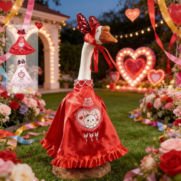 AZXY Valentine's Day Porch Goose Outfit for 23" Cement Concrete Statue, Pink Heart Bunny Dress with Sequin Bows, Front Porch Goose Clothes for Valentines Party Outdoor Garden Decor