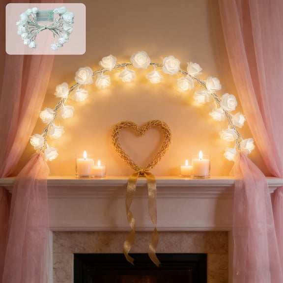 AZXY Valentine's Day Rose LED String Lights, White, 9.84Ft, Battery-Operated Fairy Lights for Bedroom, Wedding Party, Anniversary Proposal, Romantic Backdrop, Indoor Outdoor Decor