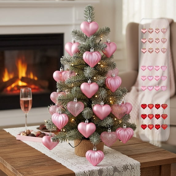 AZXY Valentines Day Decorations, 12Pcs 1.7 Inch Mini Romantic Heart Hanging Ornaments, Small Plastic Heart Decor Set for Valentine Tree Atmosphere Party Supplies & Gifts