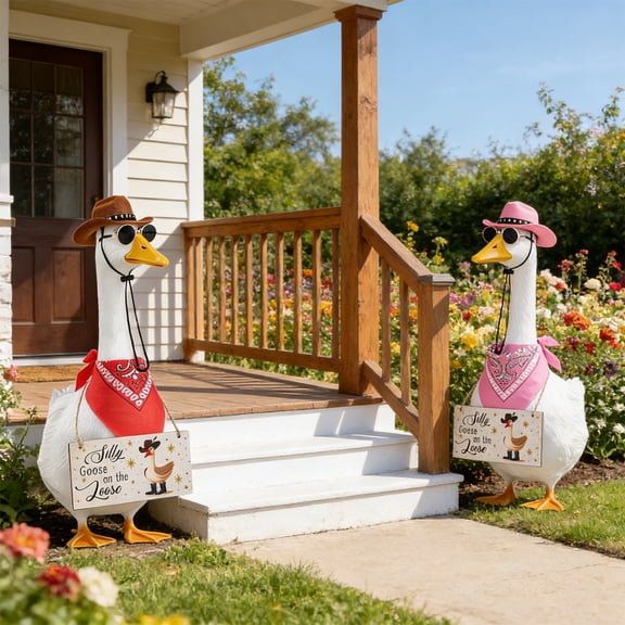 AZXY Western Cowboy Porch Goose Outfit Set, 23 Inch Goose Costume with Brown Hat, Red Bandana, Sunglasses & "Silly Goose on the Loose" Sign, Rustic Lawn Decor