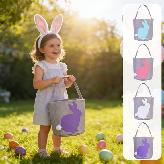 AZXY White Large Easter Basket 9"x10", Empty Bunny Easter Gift Basket with Pom-Pom Tail for Kids Boys Girls, Reusable Storage Gifting Basket for Easter Candy Egg Hunting