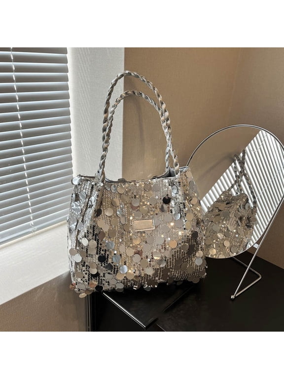 Womens Silver Sequin Tote Bag Large Shoulder Crossbody Handbag, Stylish Purse with Braided Handle, Travel Handbag for Work Beach Gym Lunch Makeup Daily Shopping Outdoor Party Storage Use