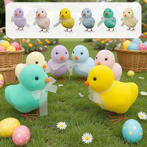 AZXY Yellow Flocked Easter Chick Decor, 7.09" Cute Simulation Chicken Figurine with Satin Bow, Spring Tabletop Ornament for Home, Party & Gift Giving