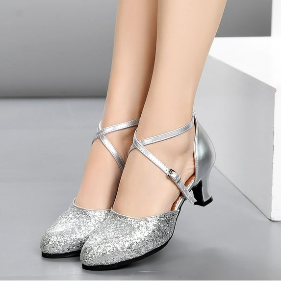 AZZAKVG Sandals for Womens Latin Dance Shoes Heeled Ballroom Salsa Tango Party Sequin