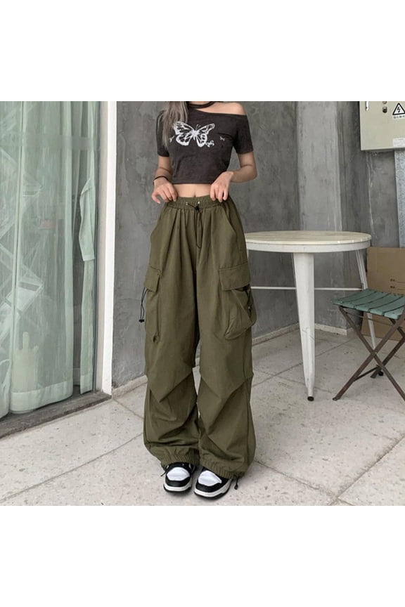 Womens Baggy Cargo Pants Streetwear Hip Hop Joggers Sweatpants Drawstring Casual Loose Wide Leg Trousers