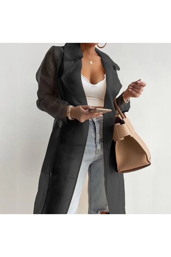 Womens Daily Sun Protection Clothing Every Wearing Sheer Mesh Long Sleeve Buttoned Coat with Belt