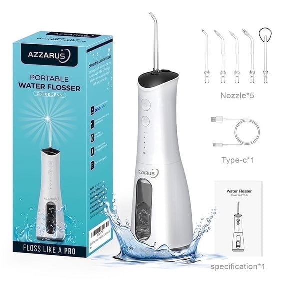 AZZARUS Cordless Water Flosser, Rechargeable Oral Irrigator with 5 Tips, Portable White Water Flosser for Home & Travel