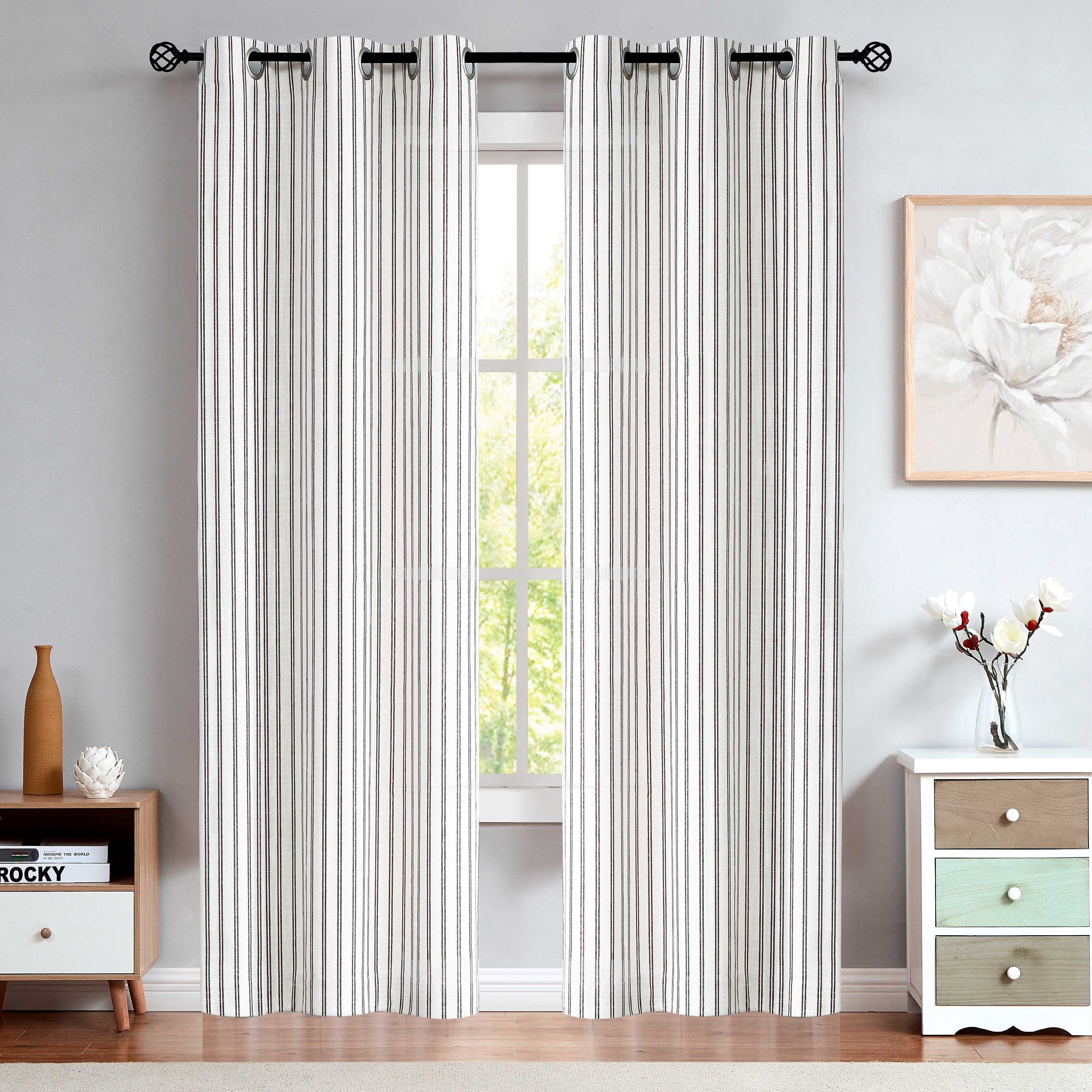 AZZCIA Black Stripe Linen Semi Sheer Curtain for Living Room Farm House Rustic Window Treatment Sets Drape, Grommet, 40"x84"x2