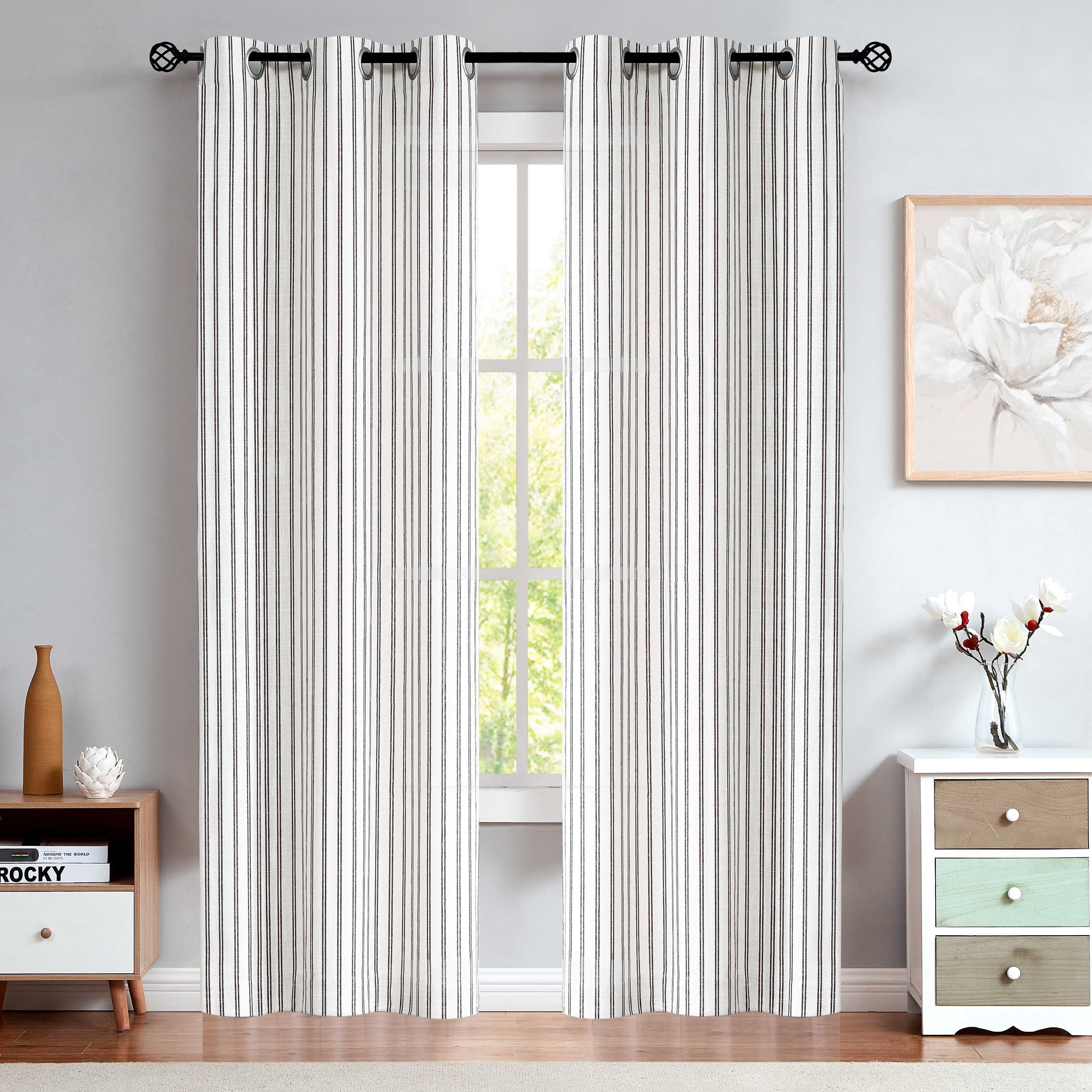 AZZCIA Black Striped Linen Semi Sheer Grommet Curtain Panels, 2 Panels, 40"W x 95"L