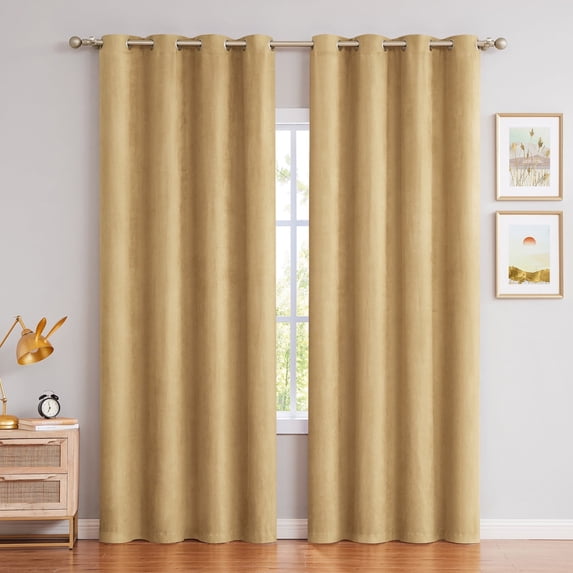 AZZCIA Light Gold Faux Suede Room Darkening Grommet Curtain Panels, 2 Panels, 55"W x 84"L