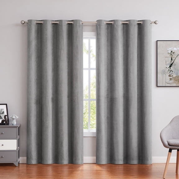 AZZCIA Gray Faux Suede Room Darkening Grommet Curtain Panels, 2 Panels, 55"W x 63"L