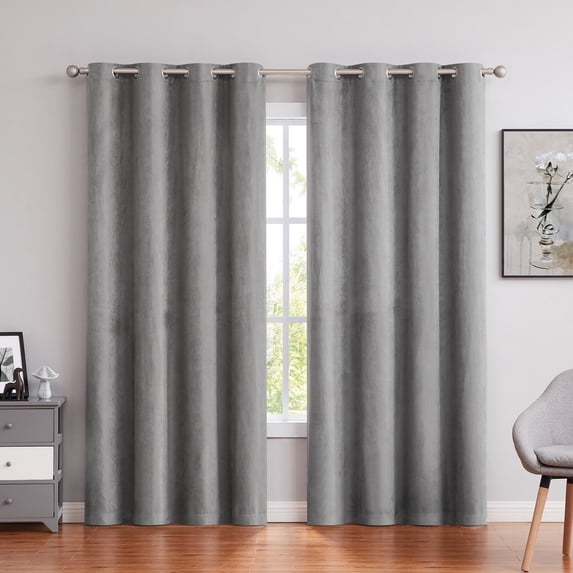 AZZCIA Gray Faux Suede Room Darkening Grommet Curtain Panels, 2 Panels, 55"W x 63"L