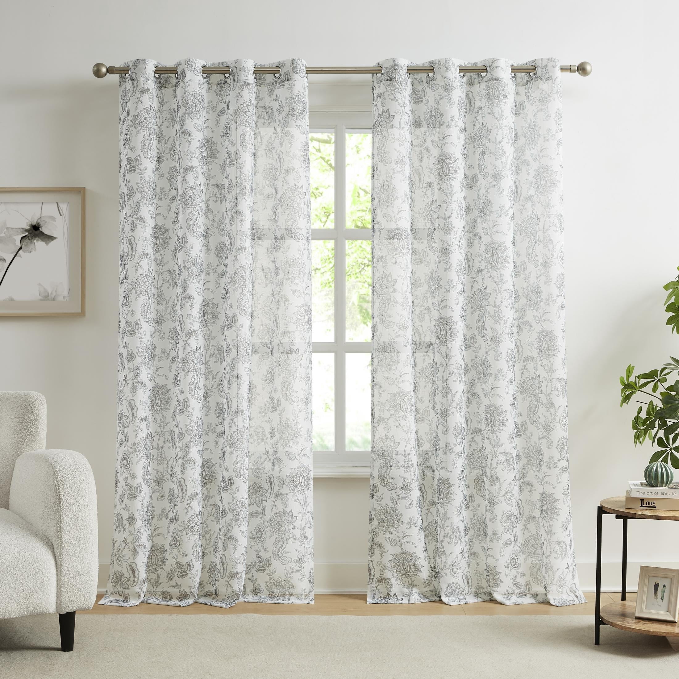 AZZCIA Sheer Curtains 52"x84", Gray Botanical Floral Leaf Print Linen Texture Grommet Drapes for Living Room