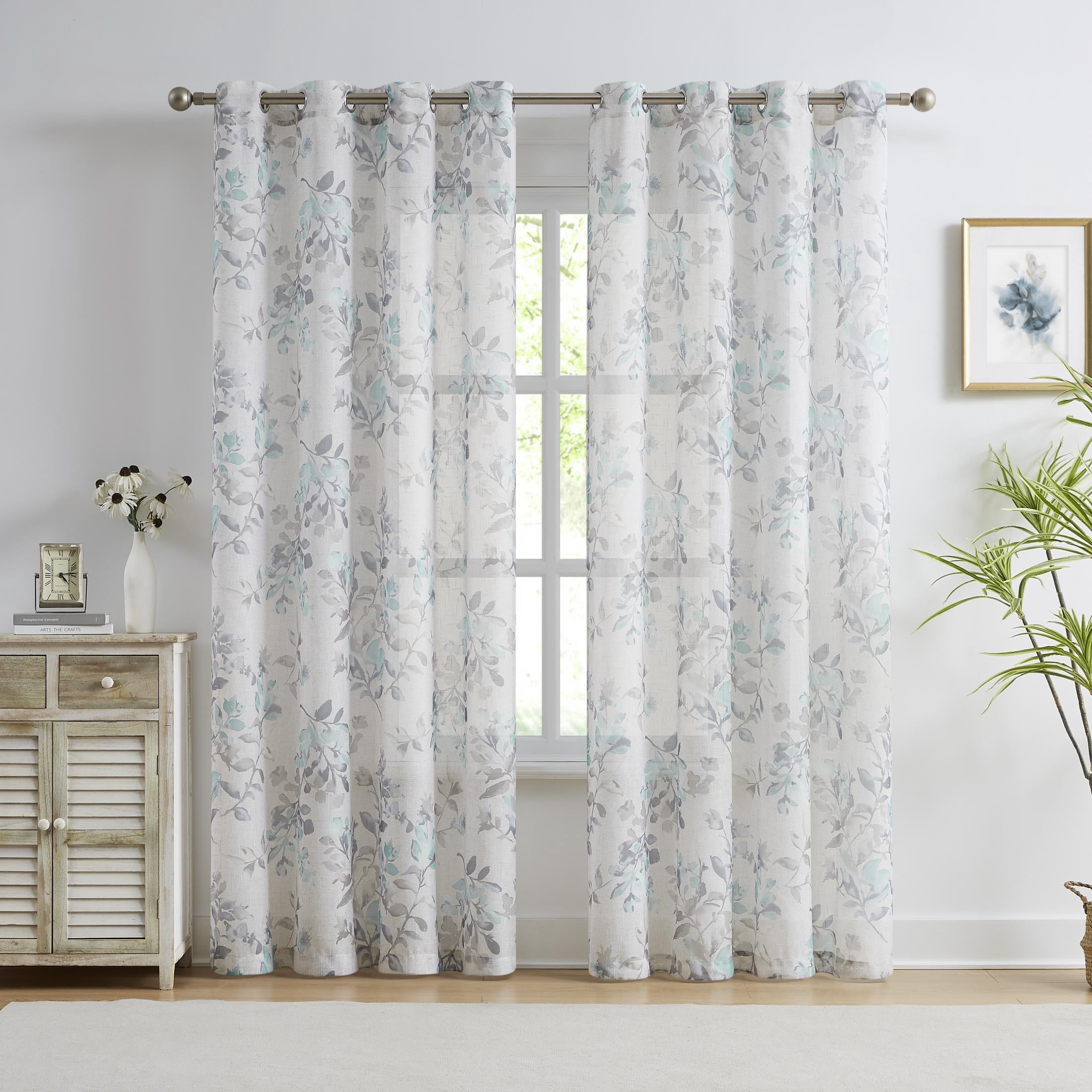 AZZCIA Sheer Curtains 52"x63", Aqua Grey Botanical Leaf Print Linen Texture Grommet Drapes for Living Room