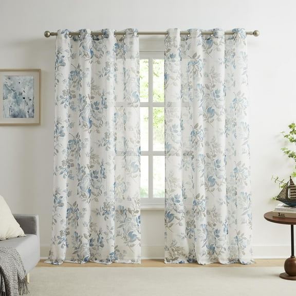 AZZCIA Leaf Print Sheer Window Curtains for Living Room/Bedroom Botanical Floral Pattern Slub Linen Texture Drapes, Blue Grey, Grommet, 52"x84"x2