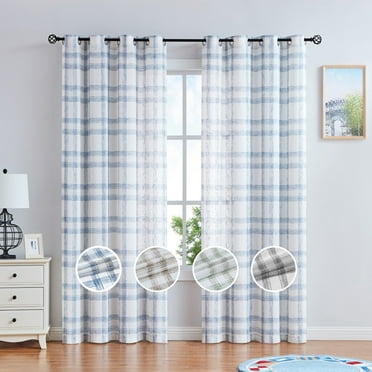 AZZCIA Linen Plaid Christmas Farmhouse Window Curtain for Living Room, Geometric Check Grommets Semi Sheer Window Treatment, 54"x84"x2, Blue/White