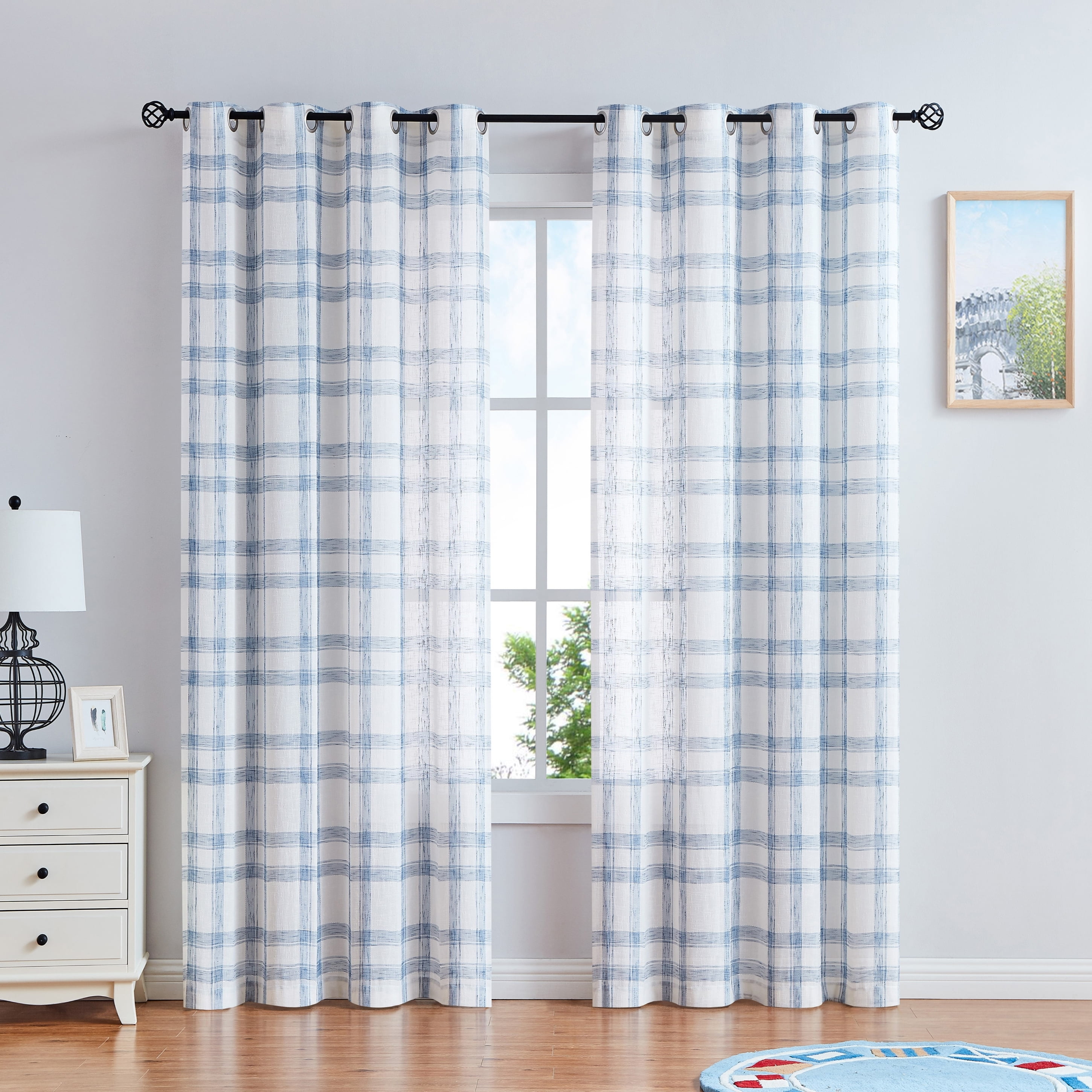AZZCIA Linen Plaid Christmas Farmhouse Window Curtain for Living Room, Geometric Check Grommets Semi Sheer Window Treatment, 54"x84"x2, Blue/White