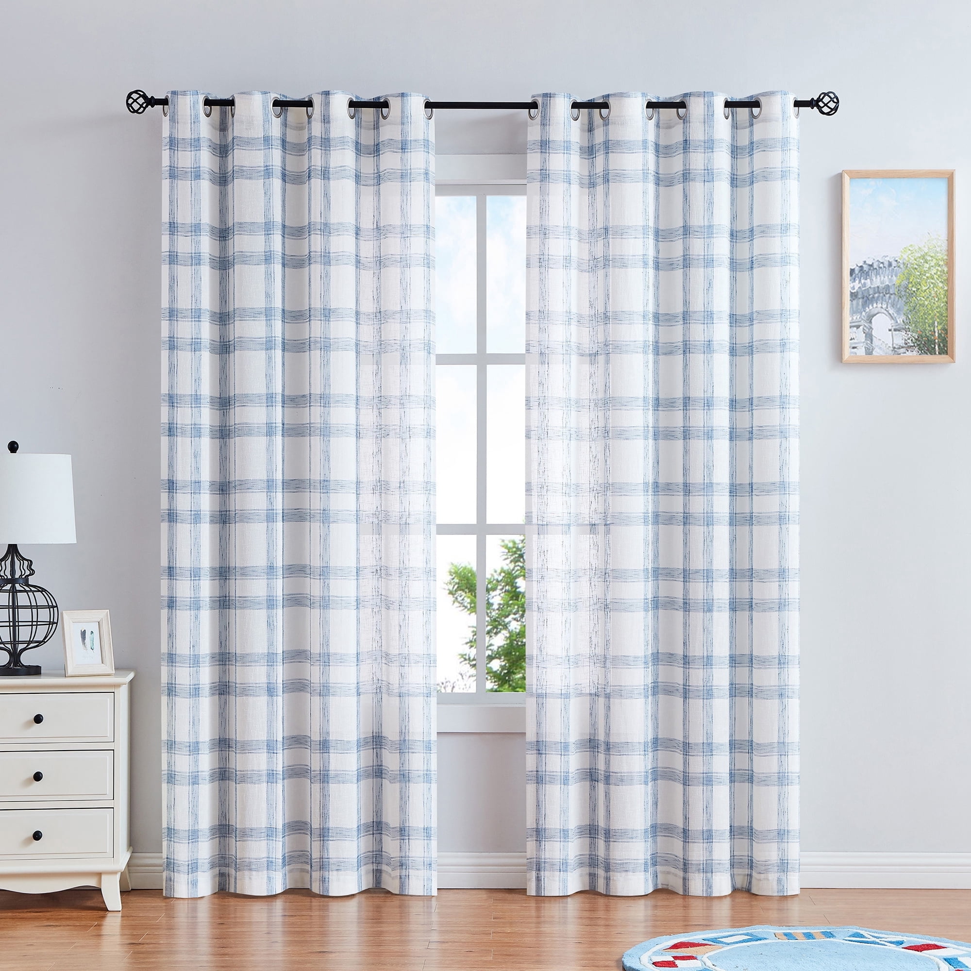 AZZCIA White Blue Plaid Linen Blend Semi Sheer Grommet Curtain Panels, 2 Panels, 54"W x 95"L