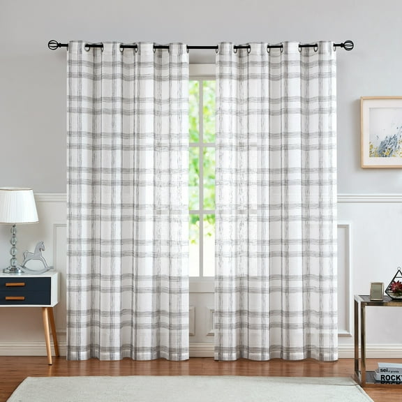 AZZCIA Linen Window Curtain for Living Room Geometric Check Grommets Semi Sheer Rustic Farmhouse Style for Bedroom 54"x63"x2, Gray White