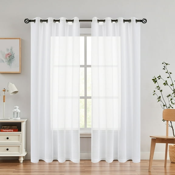 AZZCIA Off White Linen Sheer Curtains with Eyelets Light filtering window treatments for Living Room, Grommet Top 54"x63", 2 panels set