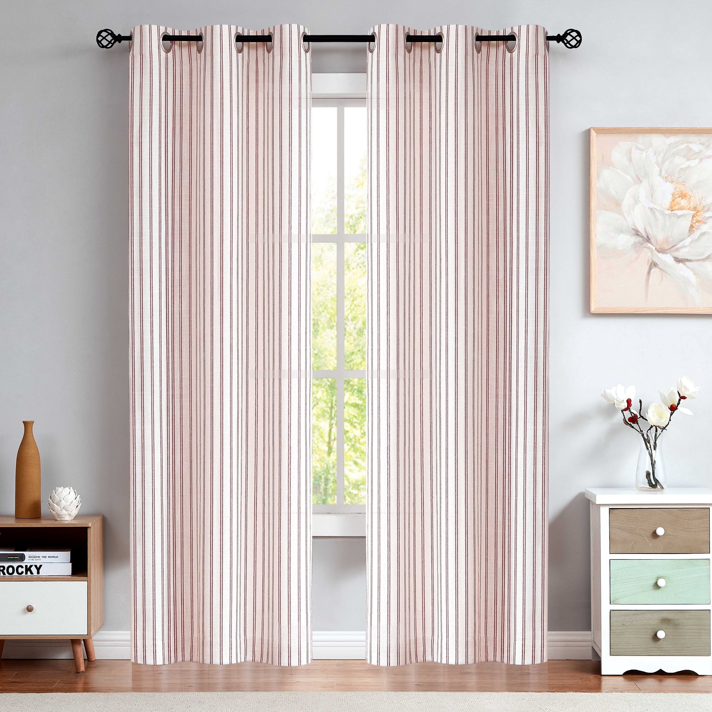 AZZCIA Red Striped Linen Semi Sheer Grommet Curtain Panels, 2 Panels, 40"W x 63"L