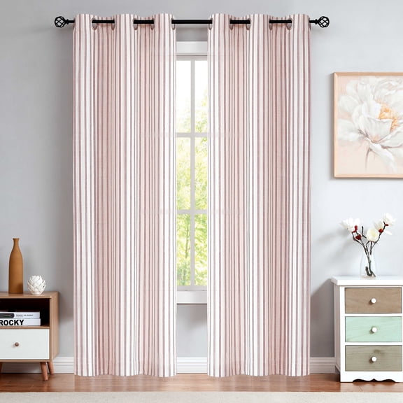 AZZCIA Red Striped Linen Semi Sheer Grommet Curtain Panels, 2 Panels, 40"W x 63"L