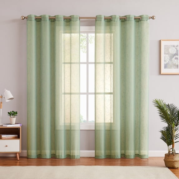 AZZCIA Sheer Linen Texture Farmhouse Grommet Curtain, Set of 2, Sage Green, 54"W x 63"L