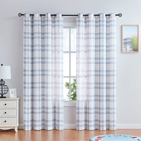 AZZCIA White Blue Plaid Linen Blend Semi Sheer Grommet Curtain Panels, 2 Panels, 54"W x 54"L