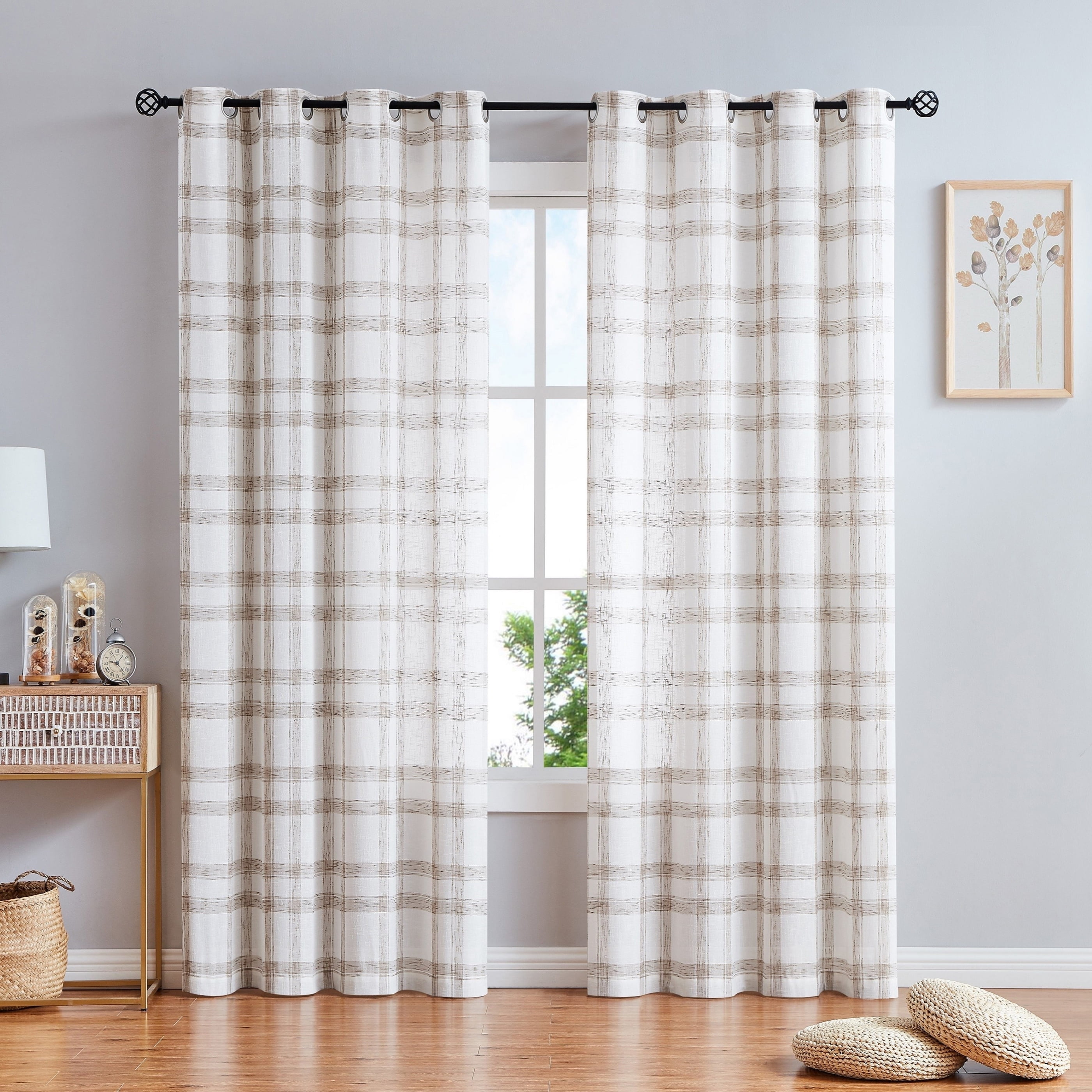 AZZCIA White Sand Plaid Linen Blend Semi Sheer Grommet Curtain Panels, 2 Panels, 54"W x 54"L