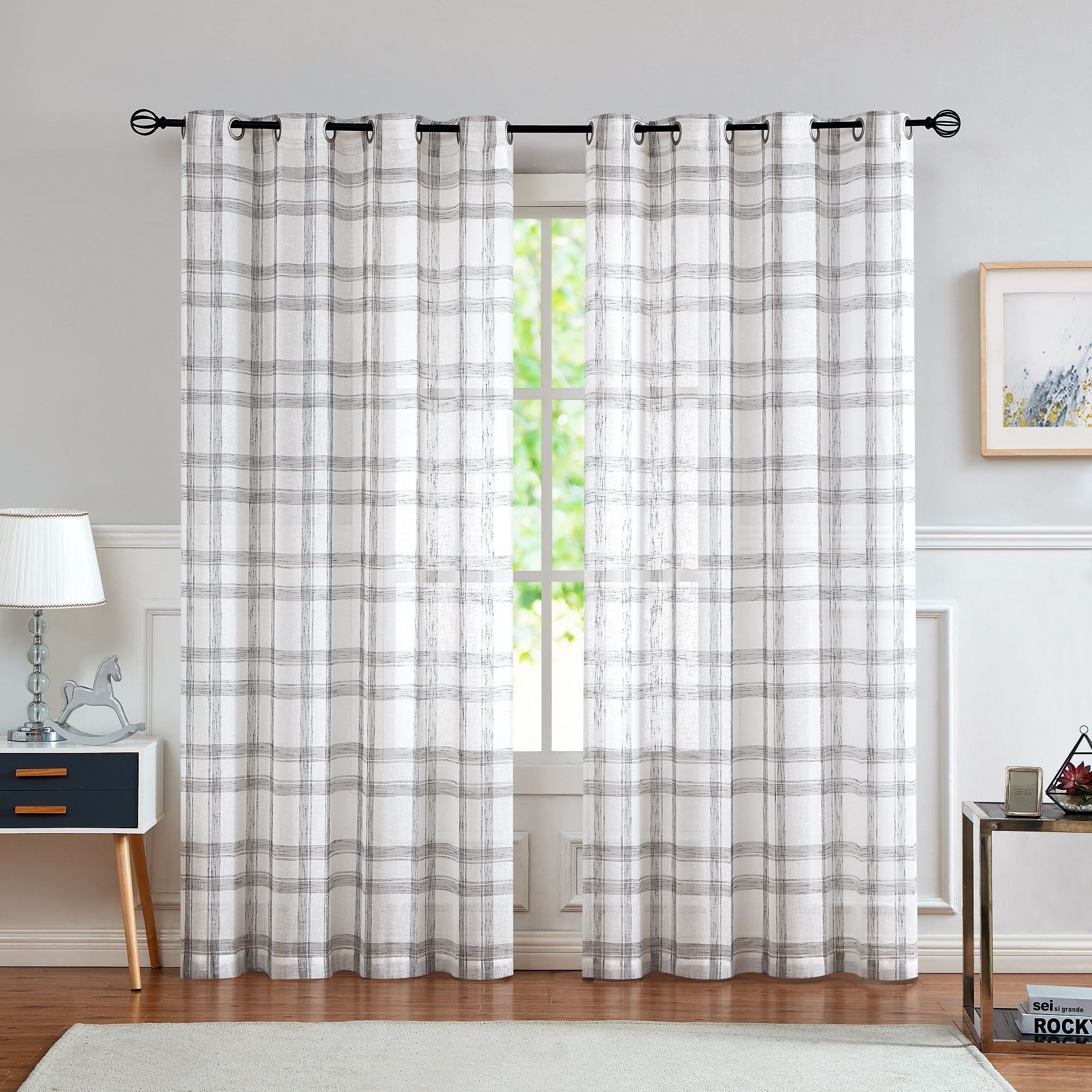 AZZCIA White Gray Plaid Linen Blend Semi Sheer Grommet Curtain Panels, 2 Panels, 54"W x 95"L